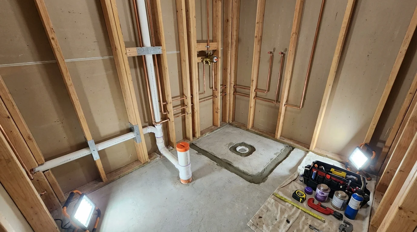 Bathroom rough-in plumbing during remodel by Johns Plumbing LLC in Selah