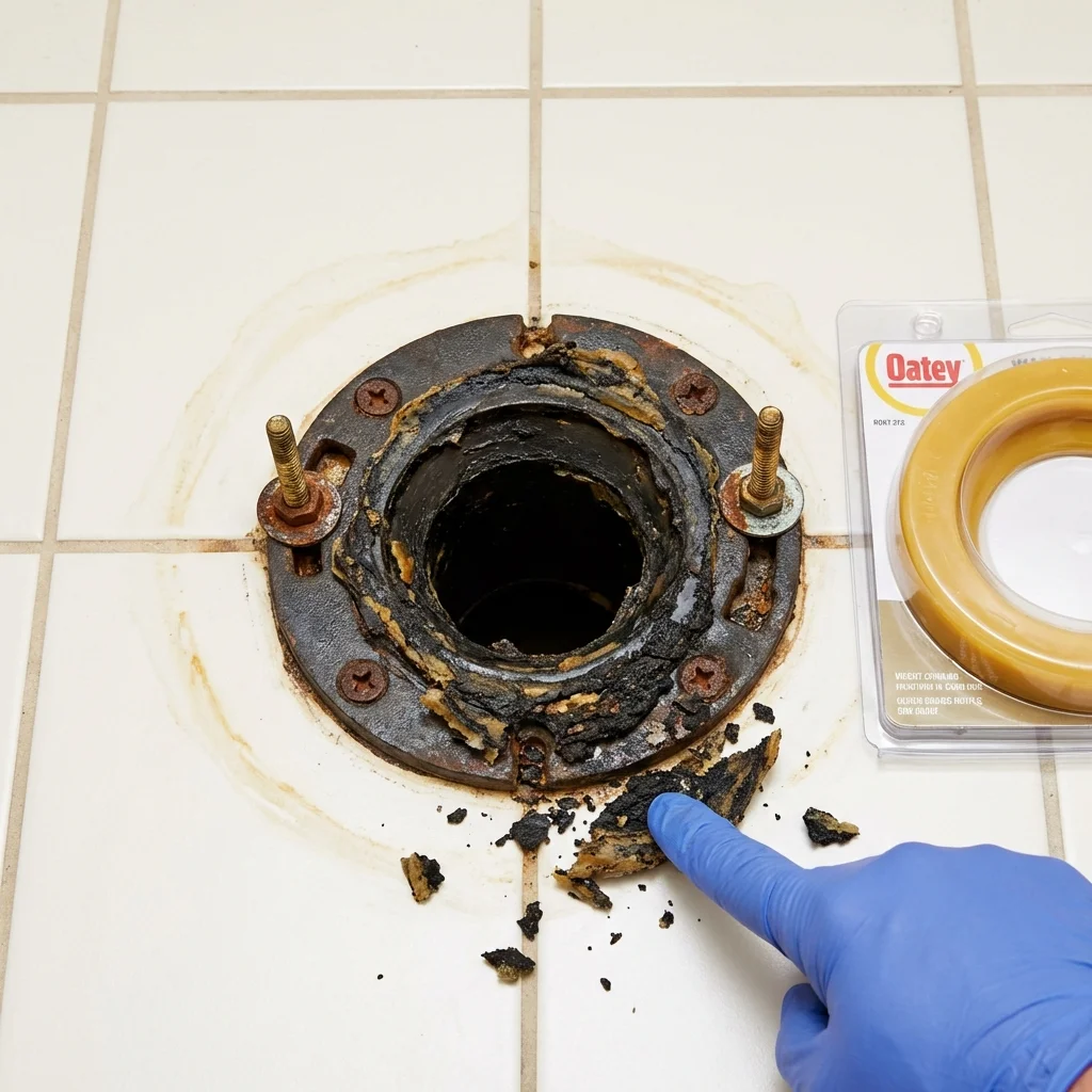 Failed wax ring showing water seepage at the base of a toilet in a Selah, WA home
