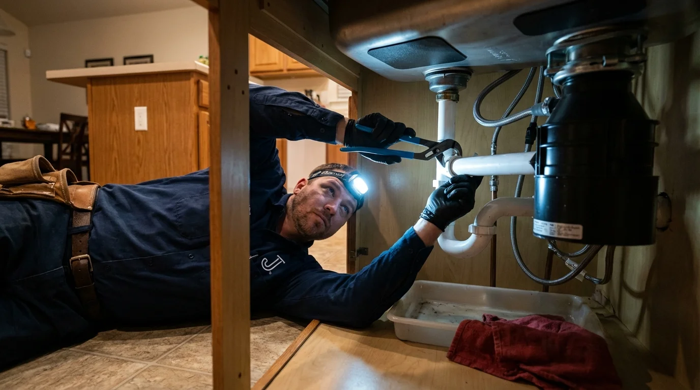 P-trap and supply line connections under a kitchen sink showing a common leak point in Selah, WA